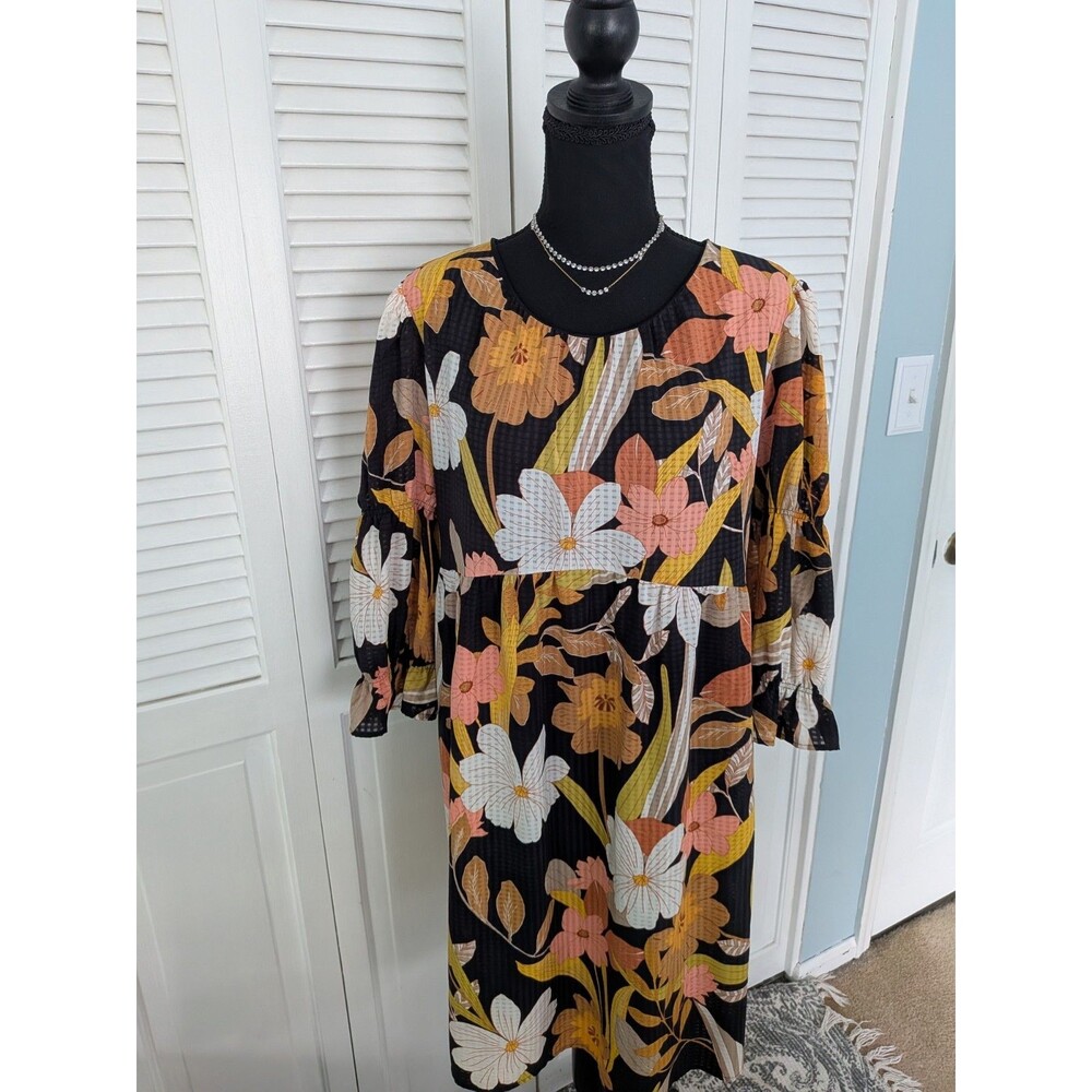 Who What Wear Floral Smock Dress Women's XXL Orange Black Peasant Boho Trapeze